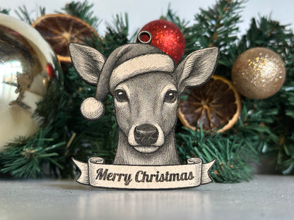 Decorative deer / doe ornament with 'Merry Christmas' banner on a green wreath with ornaments.