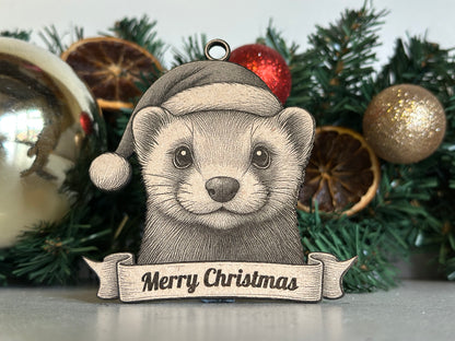 Decorative Christmas stocking with a ferrett design and 'Merry Christmas' banner on a festive background.