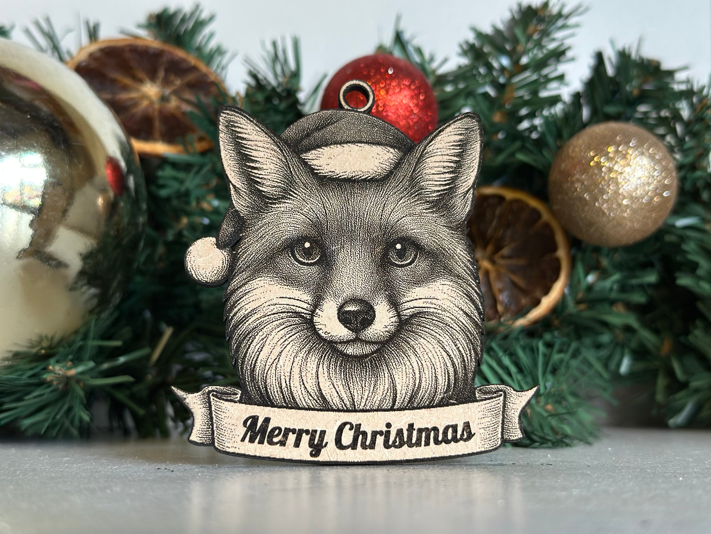 Decorative fox ornament with 'Merry Christmas' banner against a festive background