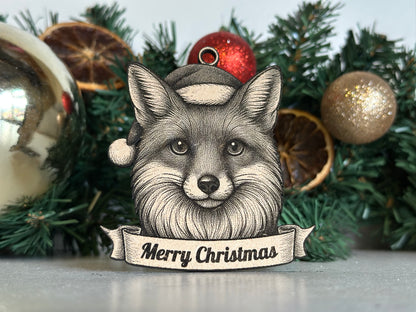 Decorative fox ornament with 'Merry Christmas' banner against a festive background