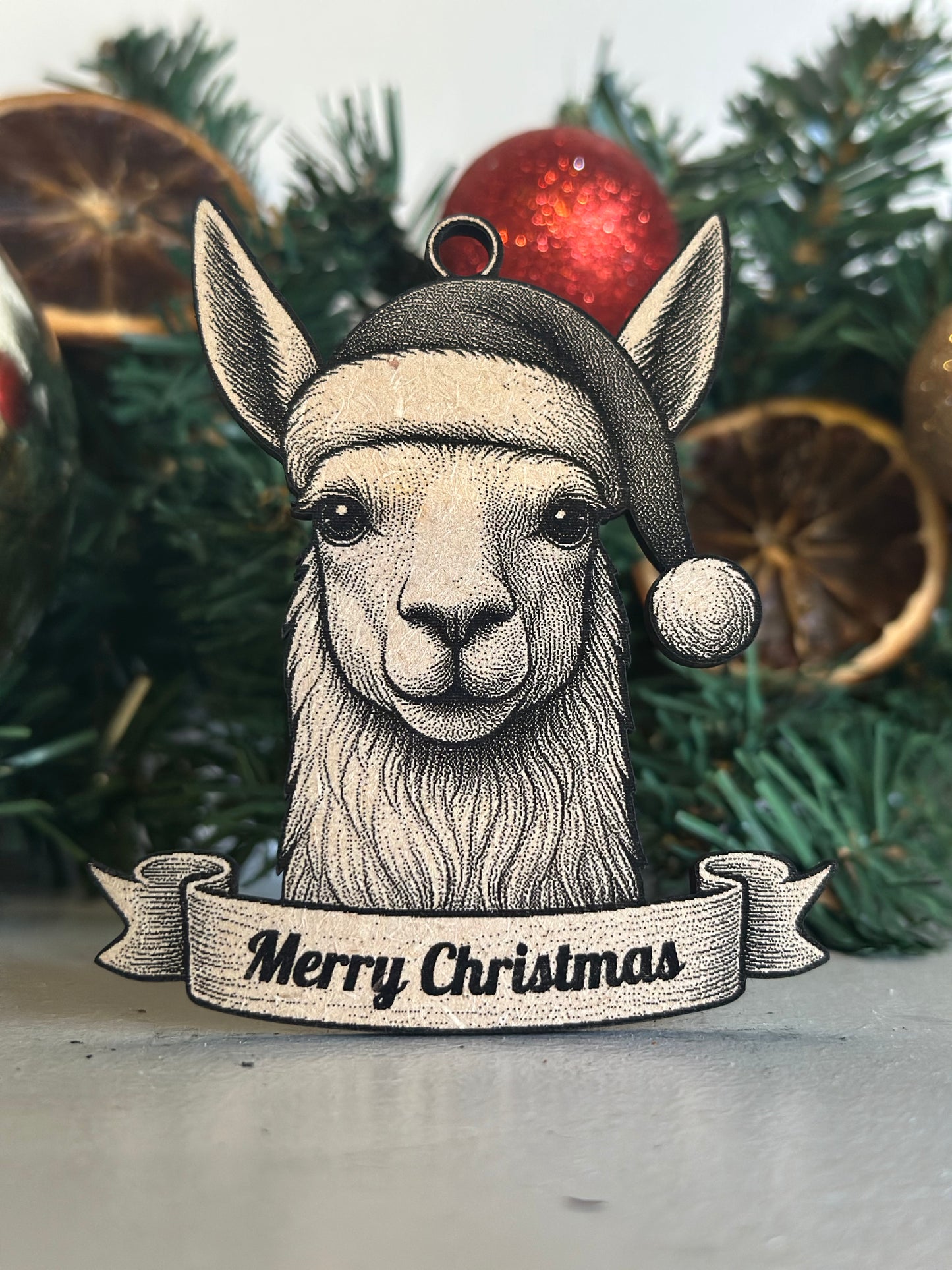 Illustration of a llama wearing a Christmas hat with a 'Merry Christmas' banner against a festive background.