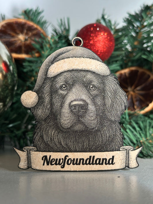 Decorative Newfoundland ornament with a banner on a Christmas tree