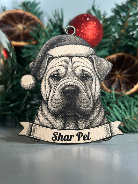 Illustration of a Shar Pei dog on a Christmas wreath with ornaments.