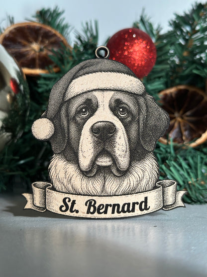 St. Bernard dog ornament on a Christmas tree with a red ball and green branches.