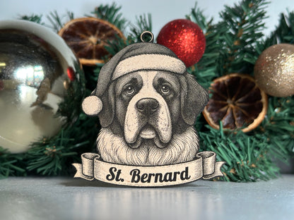 Decorative St. Bernard ornament on a Christmas tree with ornaments and spices.