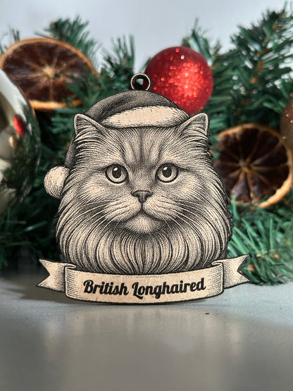 Decorative British Longhared cat Christmas ornament with a detailed illustration of a cat's face on a Christmas tree.