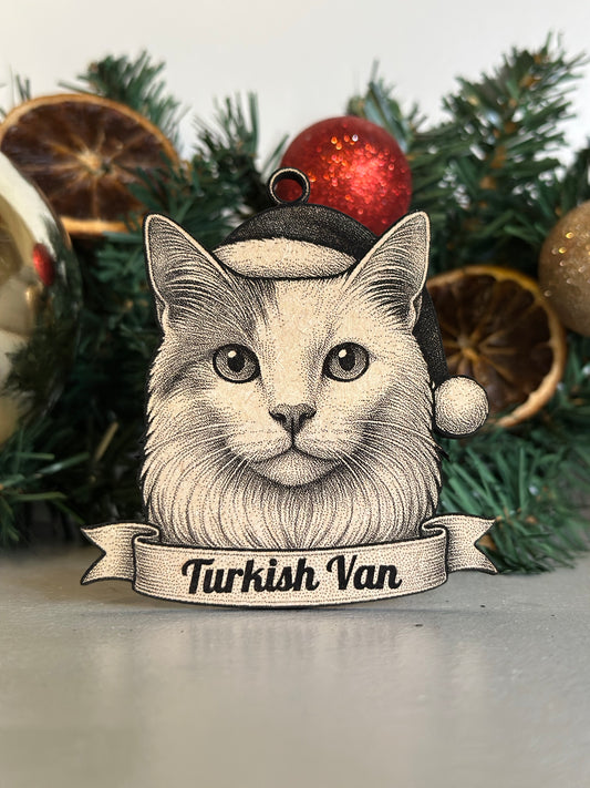 Ornament with a detailed illustration of a Turkish Van cat on a Christmas tree.