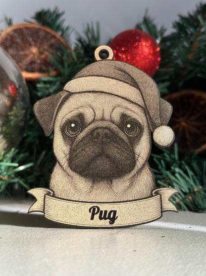 Wooden pug ornament with a banner on a Christmas tree.