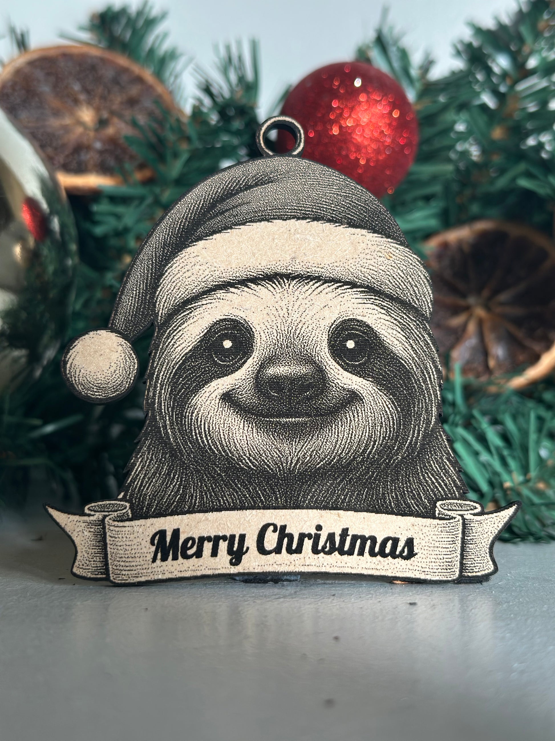 Sloth ornament with 'Merry Christmas' banner on a decorated tree