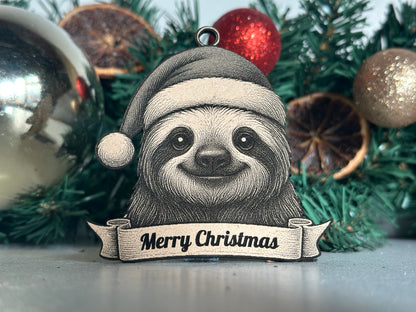 Decorative ornament with a sloth wearing a Santa hat and 'Merry Christmas' banner on a Christmas tree.
