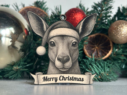 Decorative ornament with a Christmas theme featuring a kangaroo head and 'Merry Christmas' banner, surrounded by festive elements.