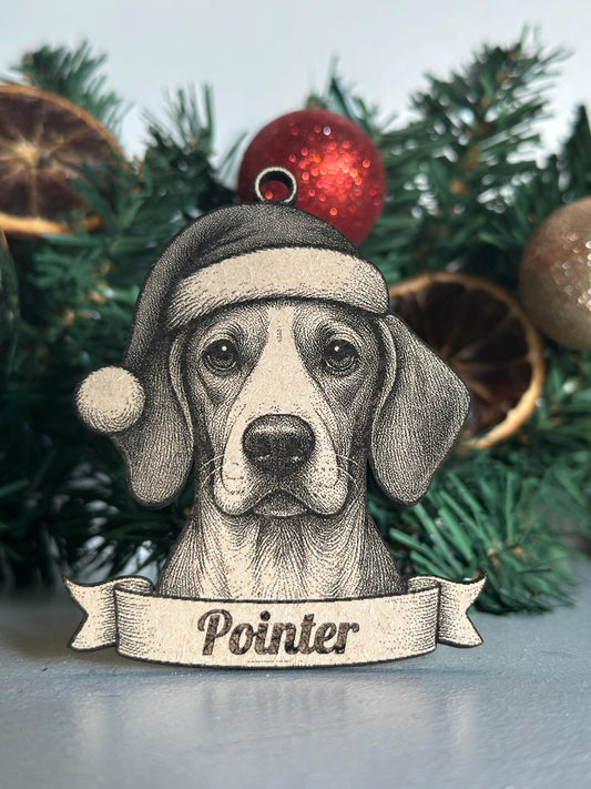 Dog Pointer ornament with a Santa hat in front of Christmas decorations