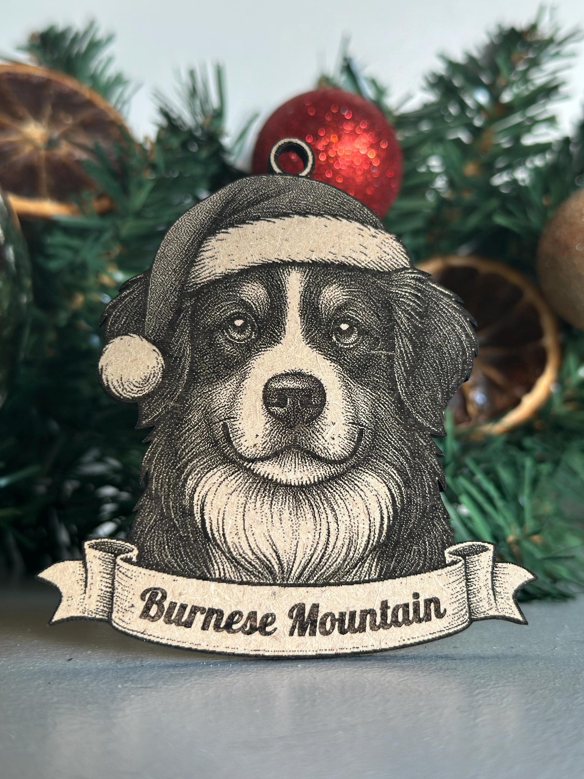 Decorative ornament with a dog's face wearing a Santa hat, set against a Christmas-themed background. Bernese Mountain Dog