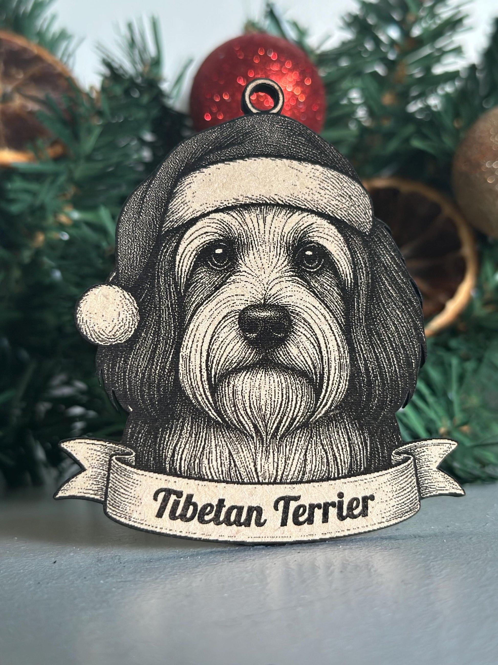 Illustration of a Tibetan Terrier wearing a Santa hat with Christmas decorations in the background.