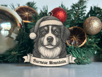 Dog ornament with 'Bernese Mountain' text in front of Christmas decorations